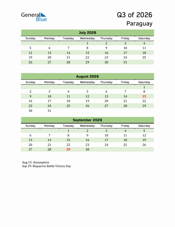 Quarterly Calendar 2026 with Paraguay Holidays