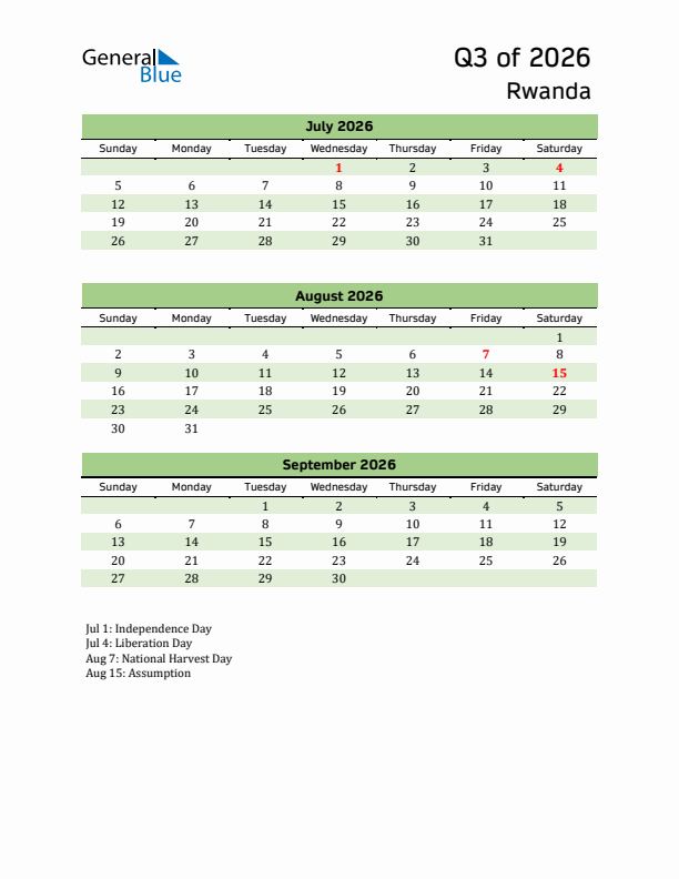 Quarterly Calendar 2026 with Rwanda Holidays