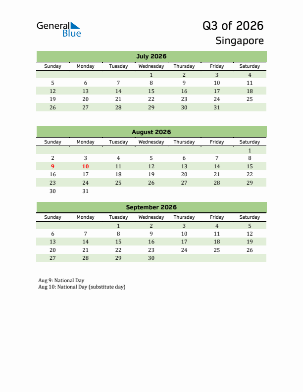 Quarterly Calendar 2026 with Singapore Holidays