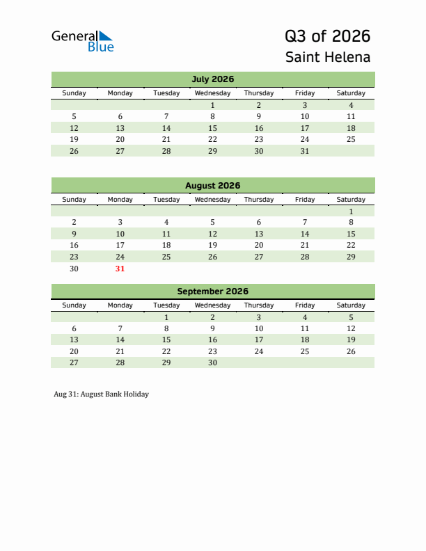 Quarterly Calendar 2026 with Saint Helena Holidays