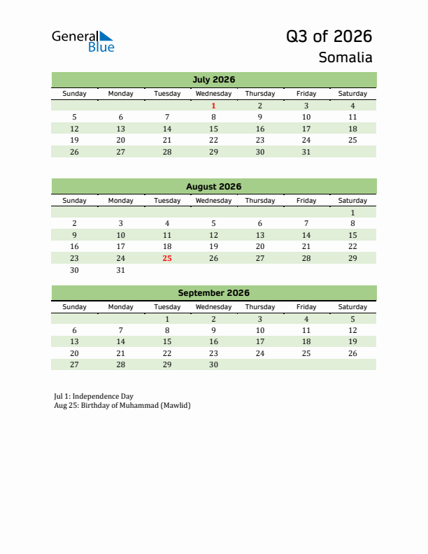 Quarterly Calendar 2026 with Somalia Holidays