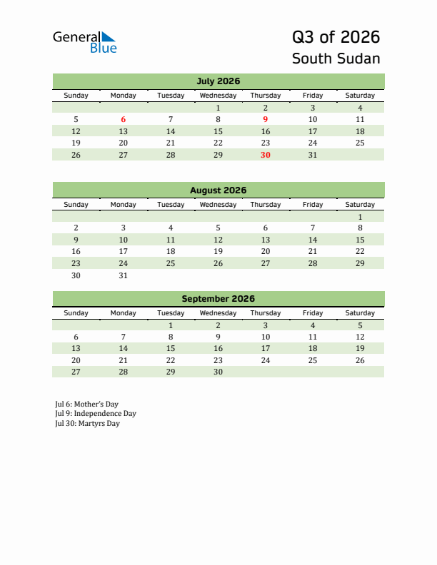 Quarterly Calendar 2026 with South Sudan Holidays