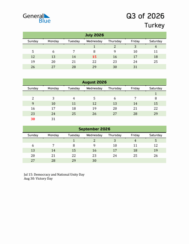 Quarterly Calendar 2026 with Turkey Holidays