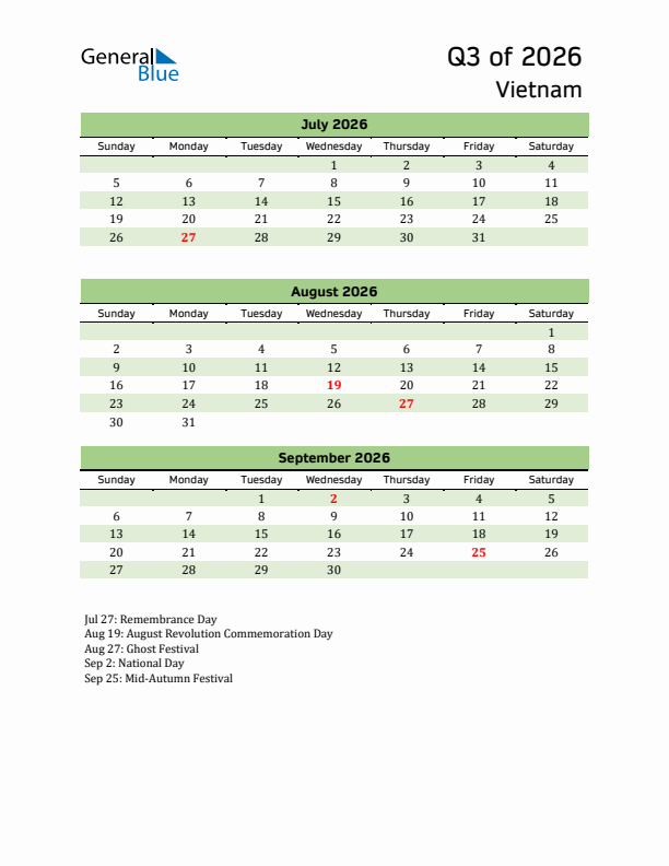 Quarterly Calendar 2026 with Vietnam Holidays