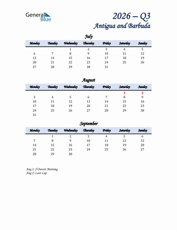 July, August, and September Calendar for Antigua and Barbuda with Monday Start