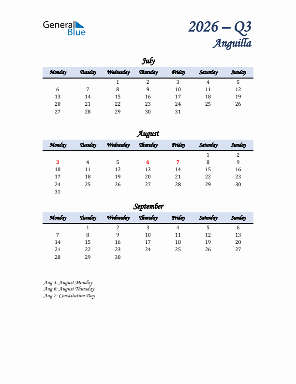 July, August, and September Calendar for Anguilla with Monday Start