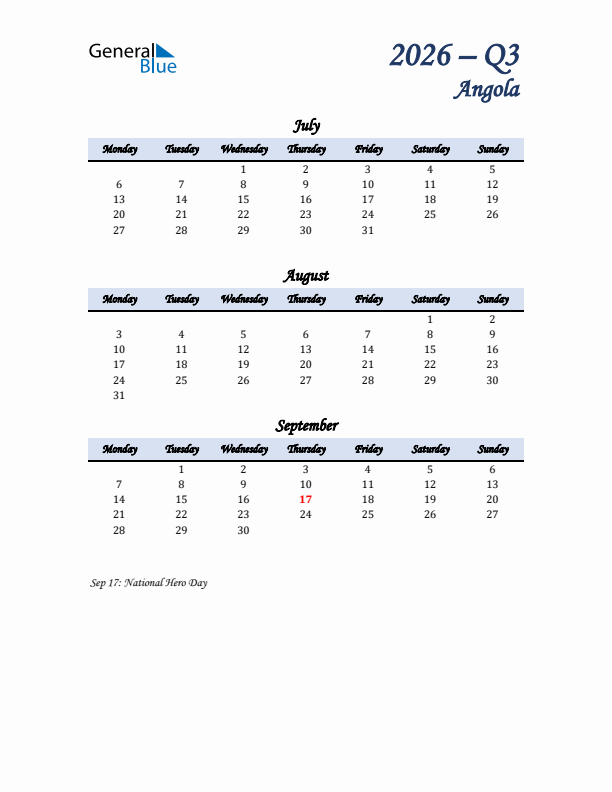 July, August, and September Calendar for Angola with Monday Start