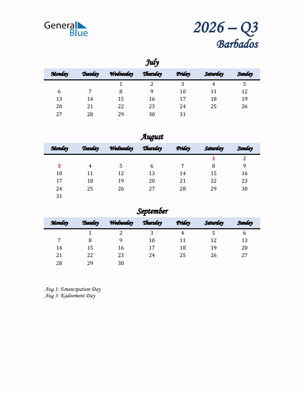 July, August, and September Calendar for Barbados with Monday Start