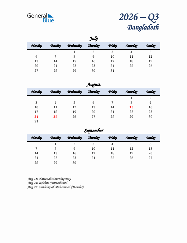 July, August, and September Calendar for Bangladesh with Monday Start