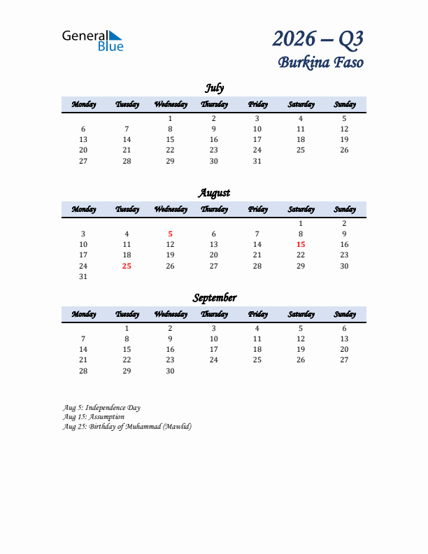 July, August, and September Calendar for Burkina Faso with Monday Start