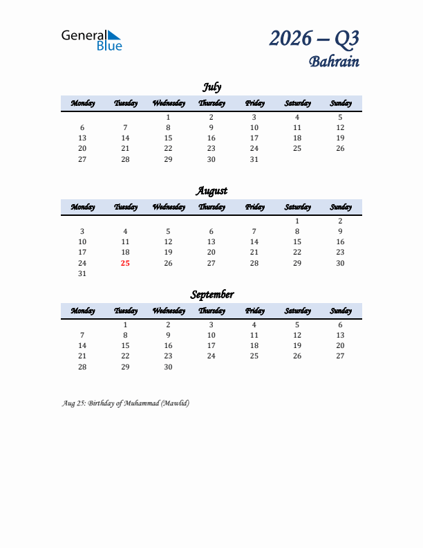 July, August, and September Calendar for Bahrain with Monday Start