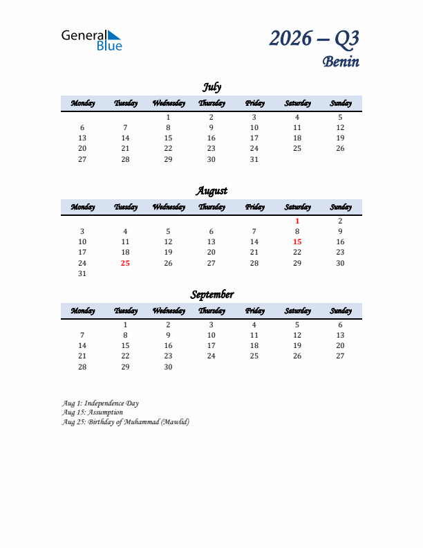 July, August, and September Calendar for Benin with Monday Start