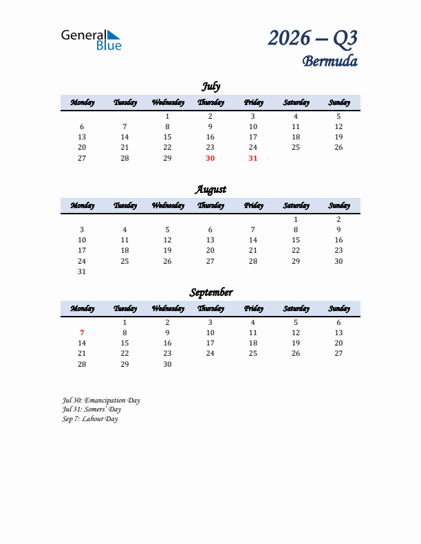 July, August, and September Calendar for Bermuda with Monday Start