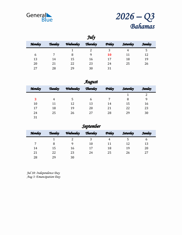 July, August, and September Calendar for Bahamas with Monday Start