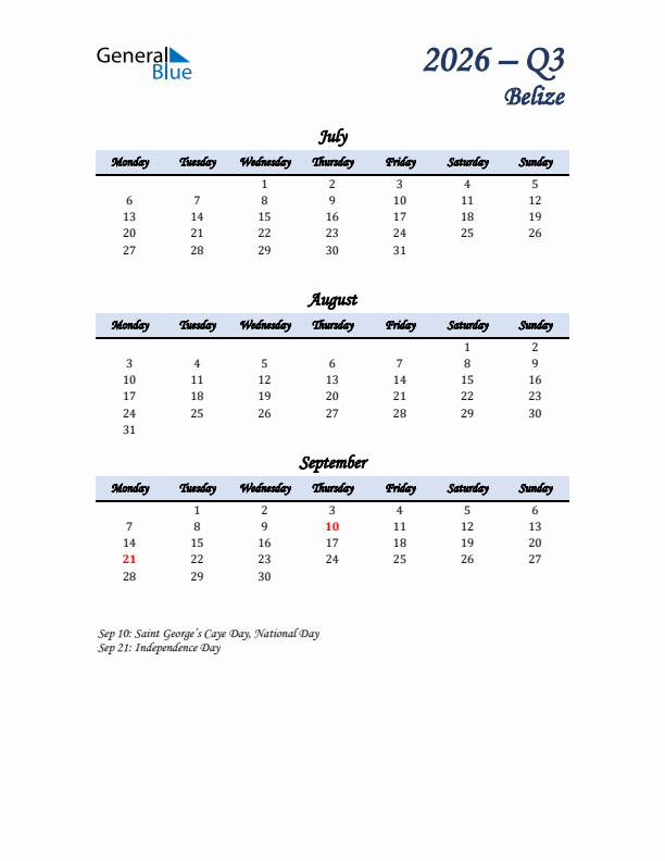 July, August, and September Calendar for Belize with Monday Start