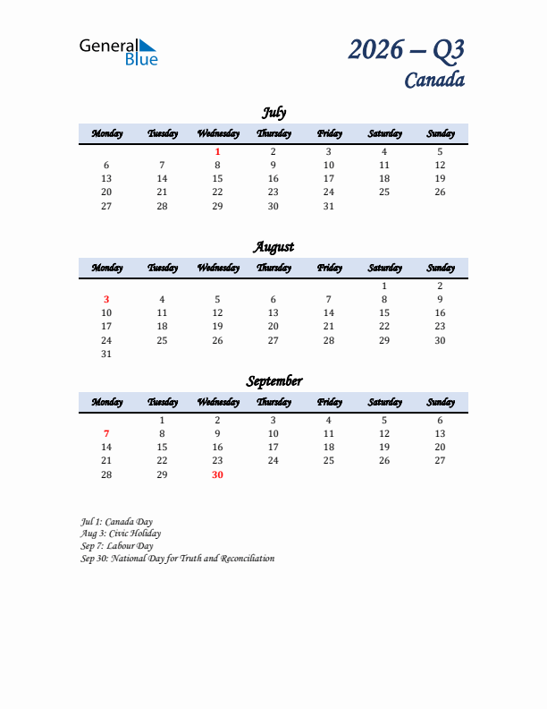 July, August, and September Calendar for Canada with Monday Start