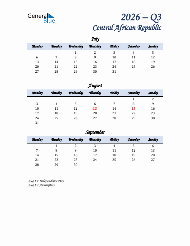 July, August, and September Calendar for Central African Republic with Monday Start