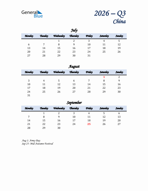 July, August, and September Calendar for China with Monday Start