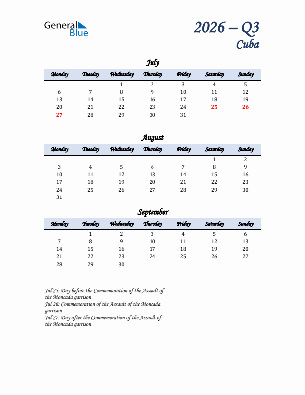 July, August, and September Calendar for Cuba with Monday Start