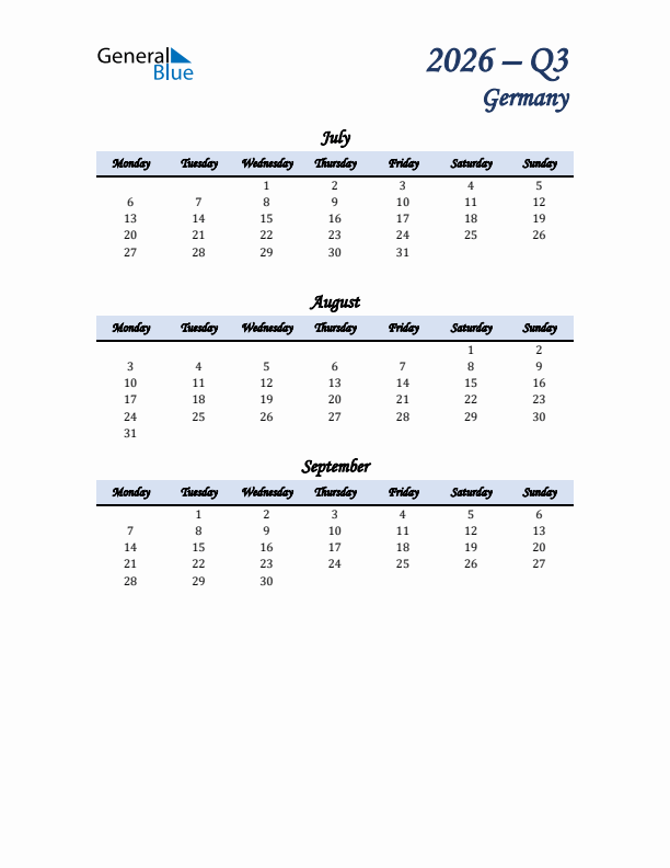 July, August, and September Calendar for Germany with Monday Start