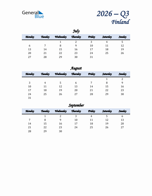 July, August, and September Calendar for Finland with Monday Start