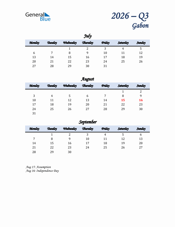 July, August, and September Calendar for Gabon with Monday Start