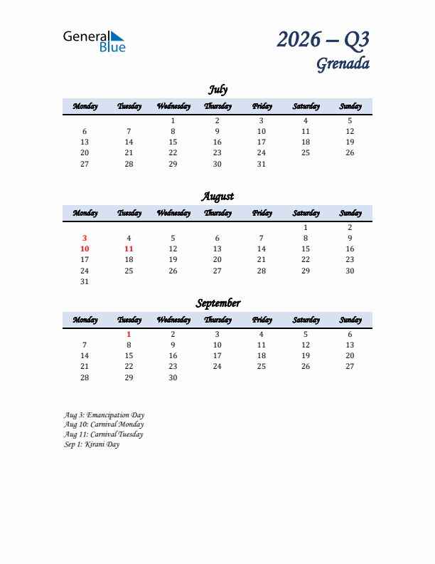 July, August, and September Calendar for Grenada with Monday Start