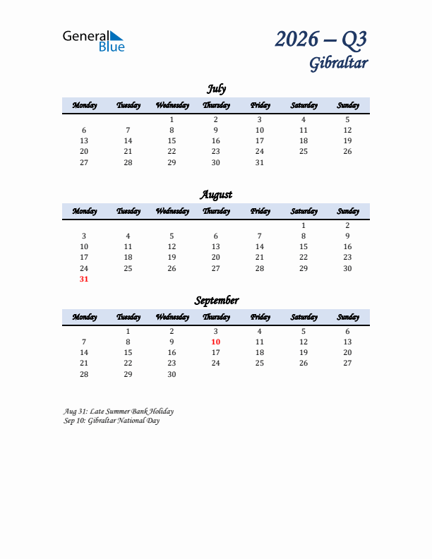 July, August, and September Calendar for Gibraltar with Monday Start