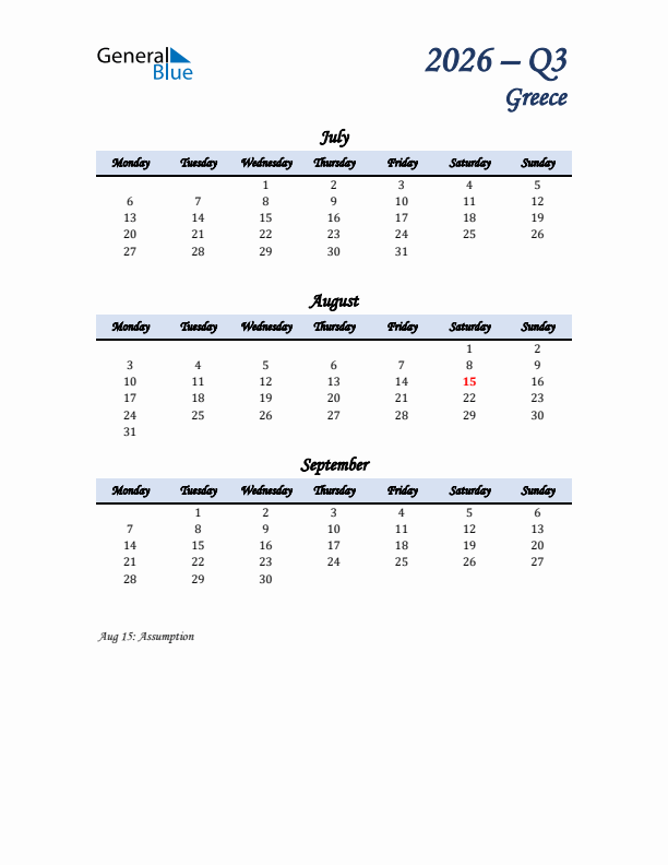 July, August, and September Calendar for Greece with Monday Start