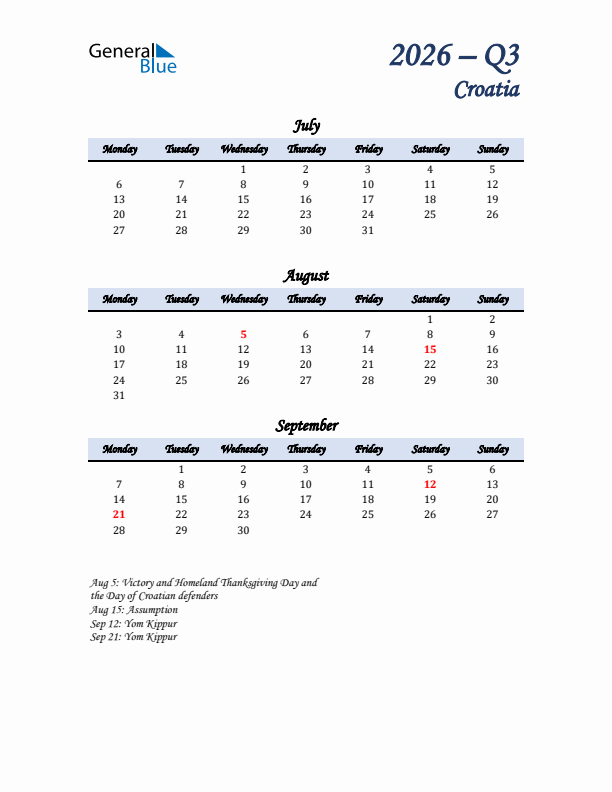 July, August, and September Calendar for Croatia with Monday Start