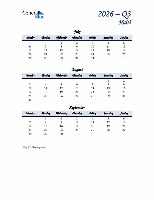 July, August, and September Calendar for Haiti with Monday Start