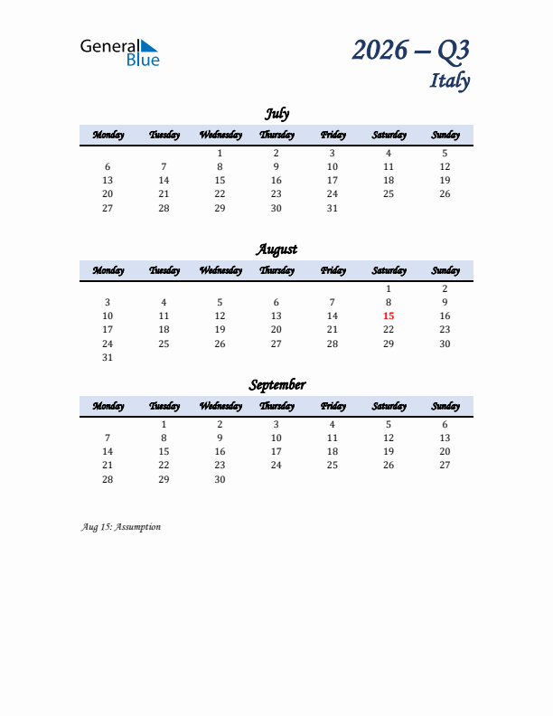 July, August, and September Calendar for Italy with Monday Start