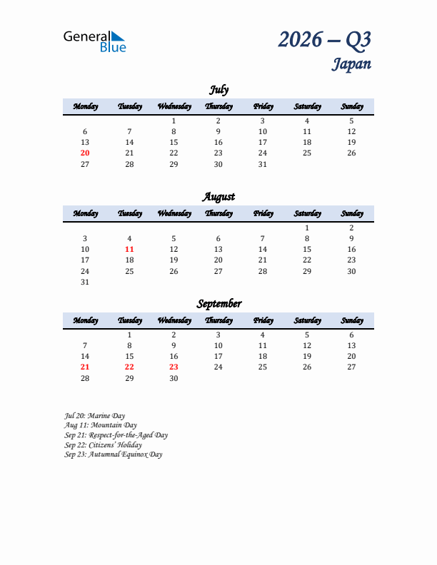 July, August, and September Calendar for Japan with Monday Start