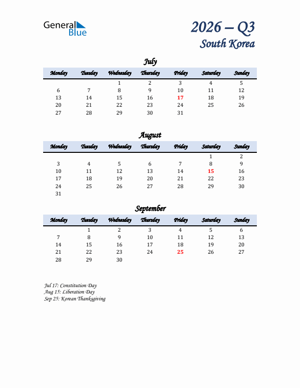 July, August, and September Calendar for South Korea with Monday Start