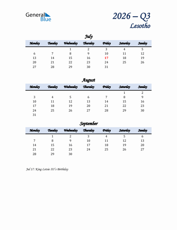 July, August, and September Calendar for Lesotho with Monday Start