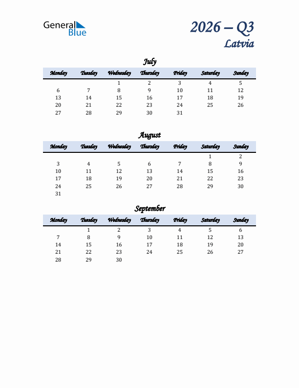 July, August, and September Calendar for Latvia with Monday Start