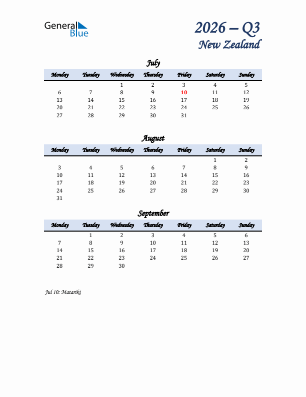 July, August, and September Calendar for New Zealand with Monday Start