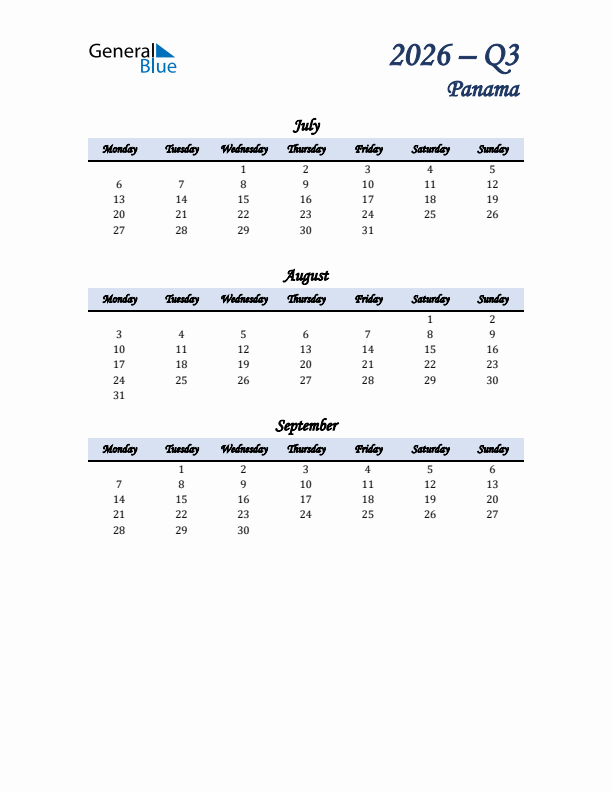 July, August, and September Calendar for Panama with Monday Start