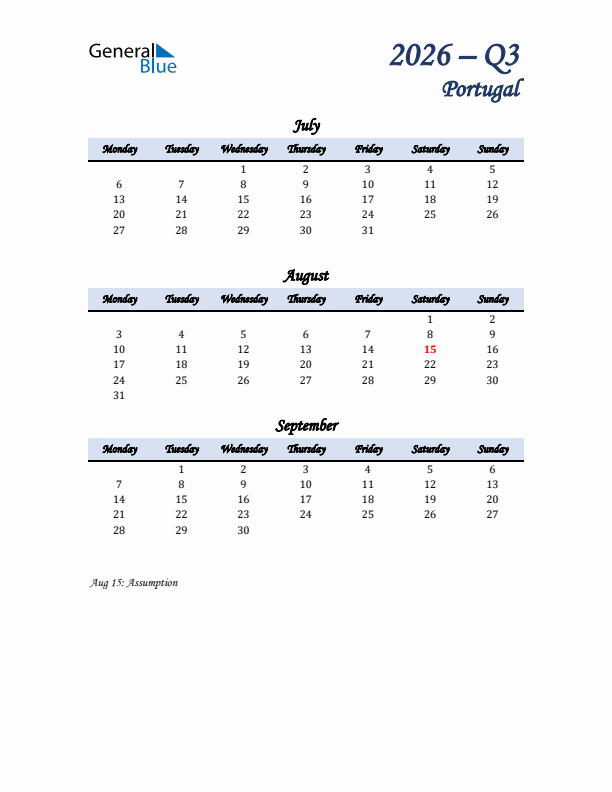 July, August, and September Calendar for Portugal with Monday Start