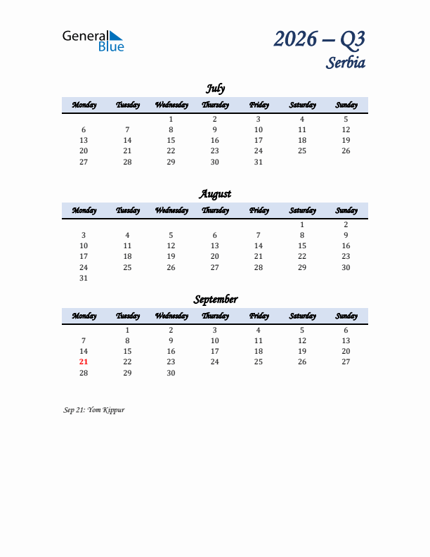 July, August, and September Calendar for Serbia with Monday Start