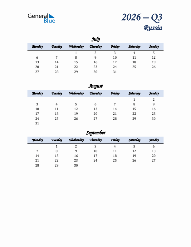 July, August, and September Calendar for Russia with Monday Start