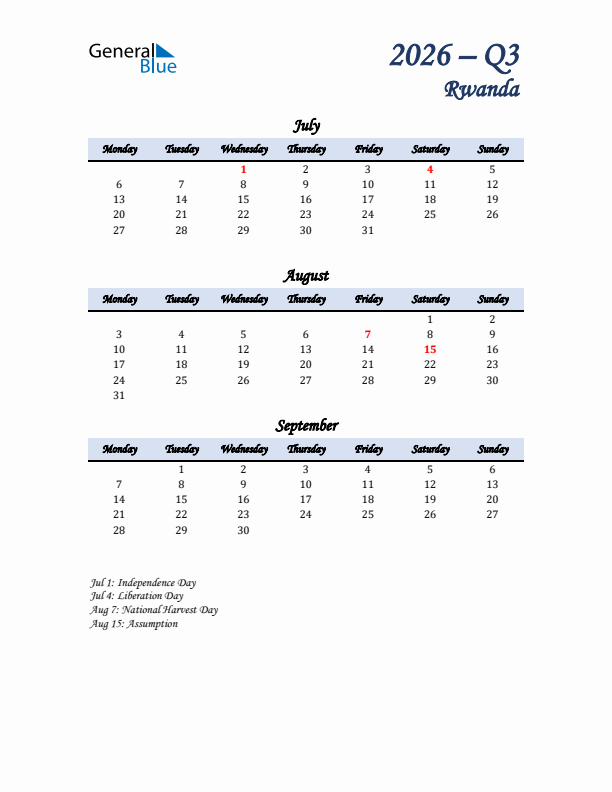 July, August, and September Calendar for Rwanda with Monday Start