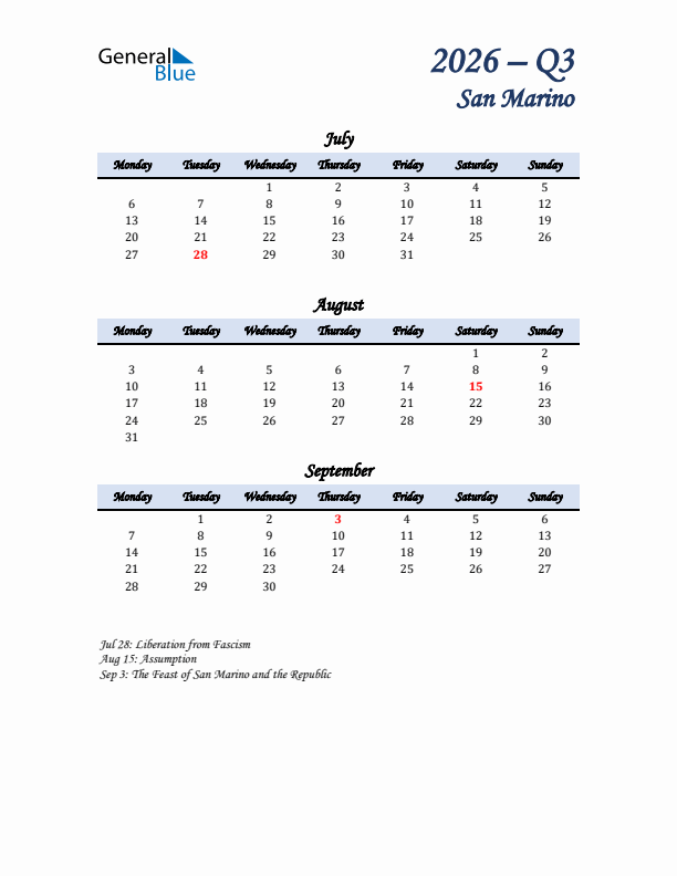 July, August, and September Calendar for San Marino with Monday Start