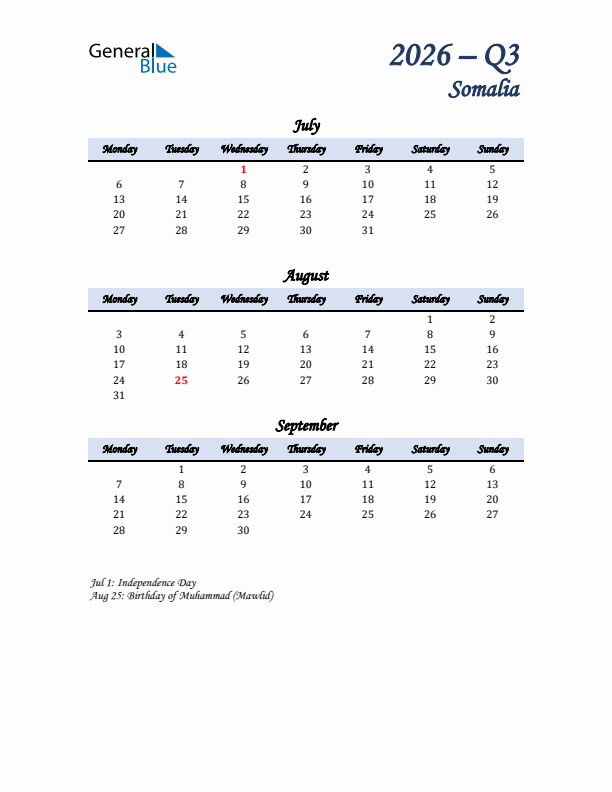 July, August, and September Calendar for Somalia with Monday Start