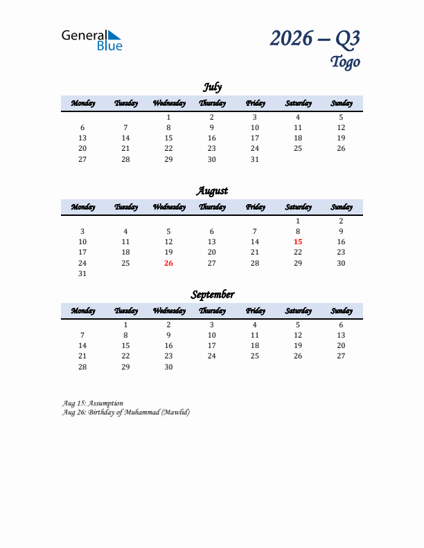 July, August, and September Calendar for Togo with Monday Start