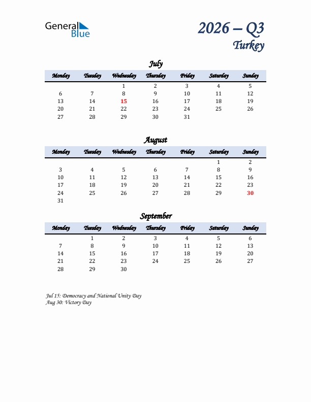 July, August, and September Calendar for Turkey with Monday Start