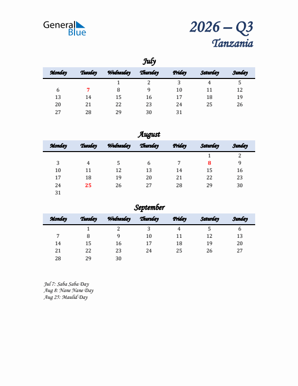 July, August, and September Calendar for Tanzania with Monday Start