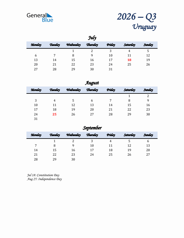 July, August, and September Calendar for Uruguay with Monday Start