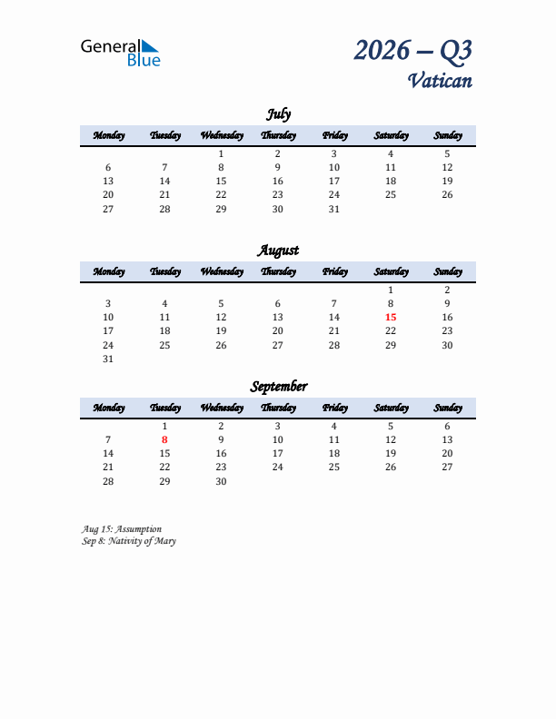 July, August, and September Calendar for Vatican with Monday Start