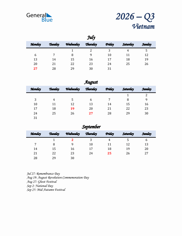 July, August, and September Calendar for Vietnam with Monday Start